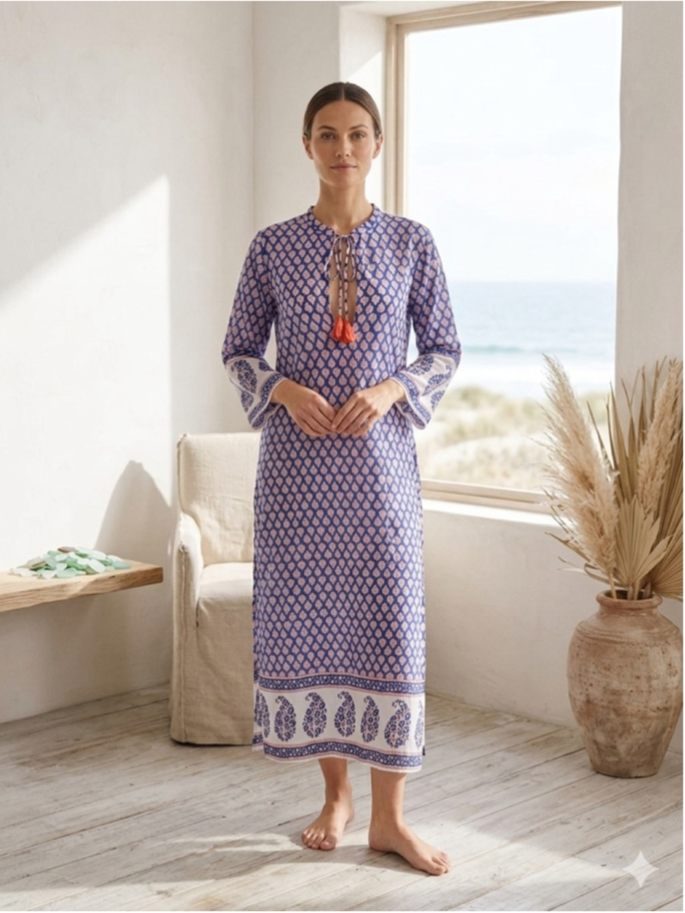 J. Crew Blue Paisley Cotton Caftan Maxi Dress Tassel Tie Boho Coastal XXXS - Picture 1 of 13